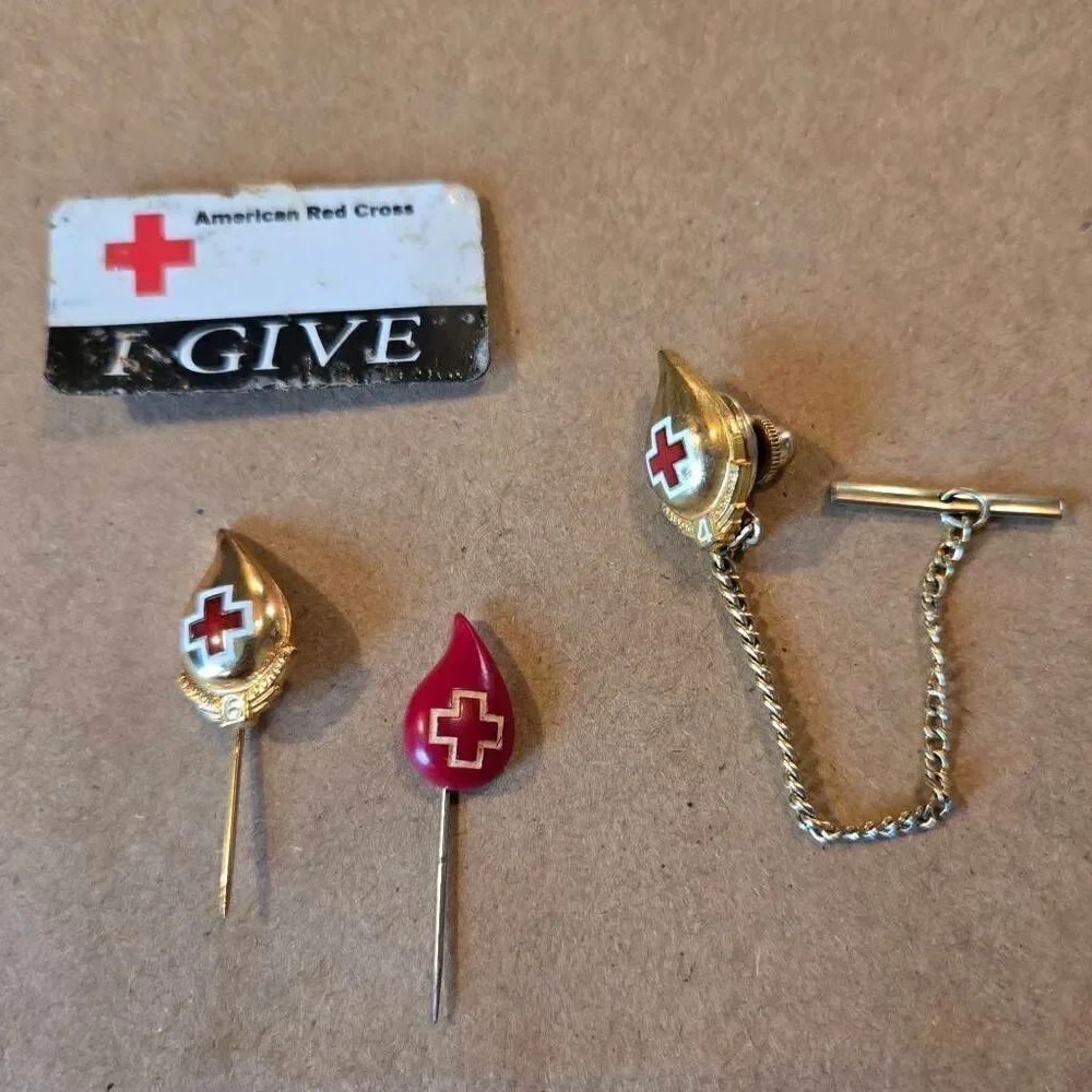 Vintage Red Cross Pins & Tie Tack Lapel Pin Set
